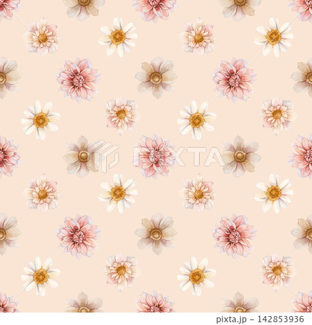 Autumn flower Seamless Pattern Dahlia Chrysanthemum Daisy. Watercolor hand drawn floral illustration isolated on beige background wedding design home textile print cosmetic package porcelain crockery Autumn flower Seamless Pattern Dahlia Chrysanthemum Daisy. Watercolor hand drawn floral illustration isolated on beige background wedding design home textile print cosmetic package porcelain crockery 142853936