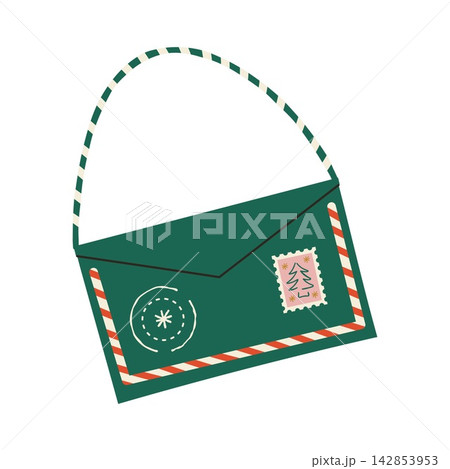 Green christmas envelope bag with string handle and postage stamp 142853953