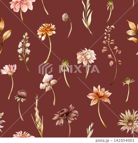 Autumn flower Seamless Pattern Dahlia Chrysanthemum Aster Echinacea wildflowers. Watercolor hand drawn floral illustration isolated on red background for wedding design home textile cosmetic package 142854001