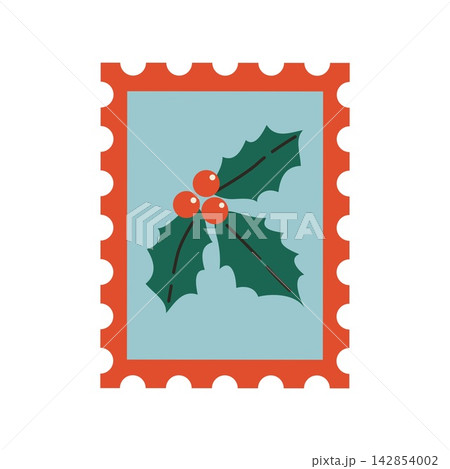Christmas postage stamp with green holly leaves and red berries 142854002