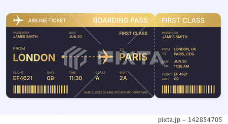 Black and Ggold Airline Ticket Design Isolated on White Background, Luxury Boarding Pass Concept with Barcode Black and Ggold Airline Ticket Design Isolated on White Background, Luxury Boarding Pass Concept with Barcode 142854705