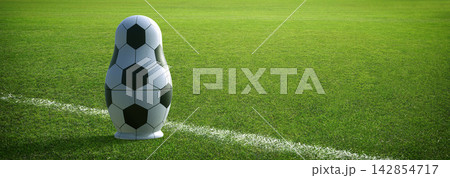 Close-Up Soccer Ball Russian Matryoshka Doll Render on green grass Close-Up Soccer Ball Russian Matryoshka Doll Render on green grass 142854717