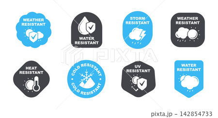 Weather Resistant Badge Set with Water, Storm, Heat, Cold and UV Protection, Flat Vector Label and icons 142854733