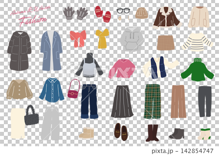 A set of illustrations of women's autumn/winter clothing and fashion items (no people). A set of illustrations of women's autumn/winter clothing and fashion items (no people). 142854747