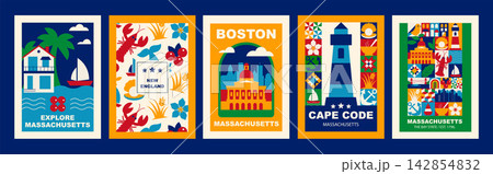 Massachusetts Geometric Travel Poster Set with Boston, Cape Cod, New England Coast, Lighthouse and Lobster, Flat Colorful Vector Templates 142854832