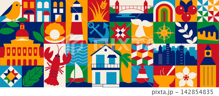 Massachusetts Geometric Mosaic Banner with Boston Architecture, Lighthouse, Lobster, Coastal and New England Symbols, Flat Modular Vector Design Massachusetts Geometric Mosaic Banner with Boston Architecture, Lighthouse, Lobster, Coastal and New England Symbols, Flat Modular Vector Design 142854835