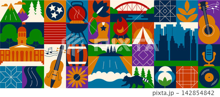 Tennessee Geometric Mosaic Banner with Nashville Music, Mountains, Nature and Southern Culture, Flat Abstract Modular American Pattern 142854842