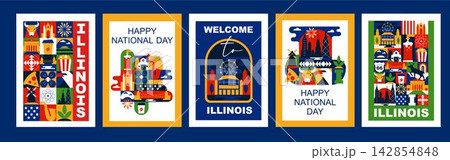 Illinois Chicago American USA Geometric Poster Set, Flat Design Abstract Minimalist Modular Pattern and Mosaic Collage with Architecture, Culture and Travel Symbols Illinois Chicago American USA Geometric Poster Set, Flat Design Abstract Minimalist Modular Pattern and Mosaic Collage with Architecture, Culture and Travel Symbols 142854848
