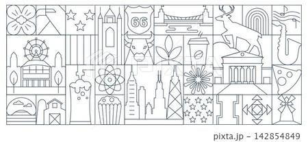 Illinois Chicago American USA Line Art Deco Banner and Geometric Pattern, Flat Minimalist Architecture, Culture and Travel Vector Design Illinois Chicago American USA Line Art Deco Banner and Geometric Pattern, Flat Minimalist Architecture, Culture and Travel Vector Design 142854849