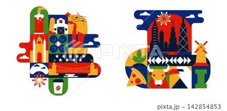 Illinois Chicago American USA Geometric Compositions with Flat Design Icons, Abstract Modular Blocks, and Cultural Travel Symbols Illinois Chicago American USA Geometric Compositions with Flat Design Icons, Abstract Modular Blocks, and Cultural Travel Symbols 142854853