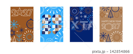 2027 New Year Geometric Poster Templates, Modern Line Art Holiday Symbols and Festive Graphic Design 142854866