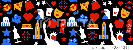 New York USA Geometric Seamless Pattern with American Culture, Architecture and Travel Symbols, Flat Vector Background New York USA Geometric Seamless Pattern with American Culture, Architecture and Travel Symbols, Flat Vector Background 142854891