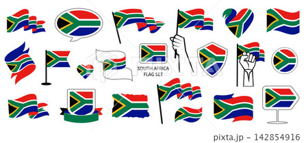 South African Flags and National Badges Vector Set in Different Styles with Ribbons, Shields, Emblems and Hand Holding Banners South African Flags and National Badges Vector Set in Different Styles with Ribbons, Shields, Emblems and Hand Holding Banners 142854916