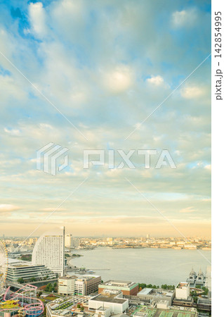 aerial view of yokohama landmark tower and minato mirai city skyline, cityscape during golden hour sunset aerial view of yokohama landmark tower and minato mirai city skyline, cityscape during golden hour sunset 142854995
