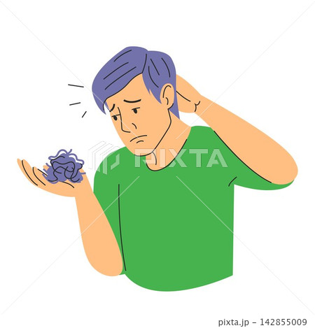Sad man looking at clump of hair Sad man looking at clump of hair 142855009