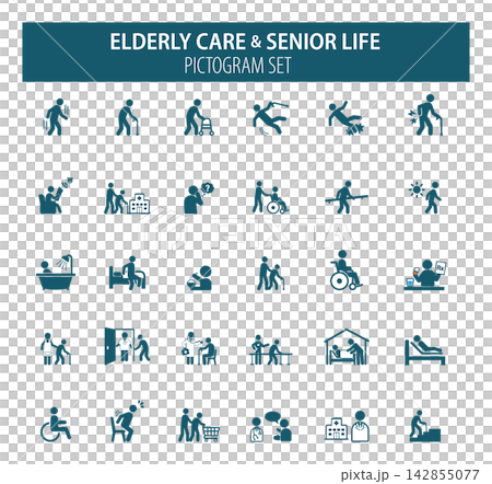 30 pictograms depicting the lives and care of the elderly. 30 pictograms depicting the lives and care of the elderly. 142855077