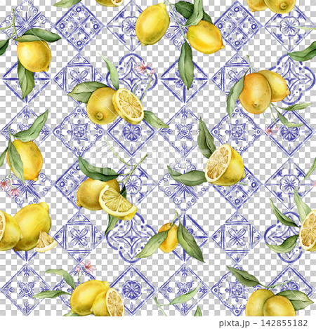 Seamless pattern with tropical lemon. Hand drawn watercolor illustration on white isolated background. Citrus pattern with Mediterranean-style or Portuguese tile for frame or banner 142855182