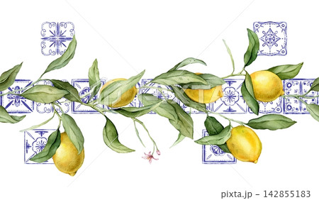 Seamless horizontal border or banner tropical lemon. Hand drawn watercolor illustration on white isolated background. Citrus pattern with Mediterranean-style or Portuguese tile for frame or banner Seamless horizontal border or banner tropical lemon. Hand drawn watercolor illustration on white isolated background. Citrus pattern with Mediterranean-style or Portuguese tile for frame or banner 142855183