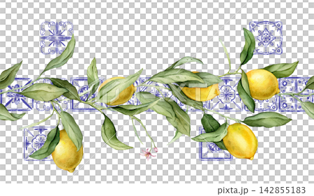 Seamless horizontal border or banner tropical lemon. Hand drawn watercolor illustration on white isolated background. Citrus pattern with Mediterranean-style or Portuguese tile for frame or banner Seamless horizontal border or banner tropical lemon. Hand drawn watercolor illustration on white isolated background. Citrus pattern with Mediterranean-style or Portuguese tile for frame or banner 142855183