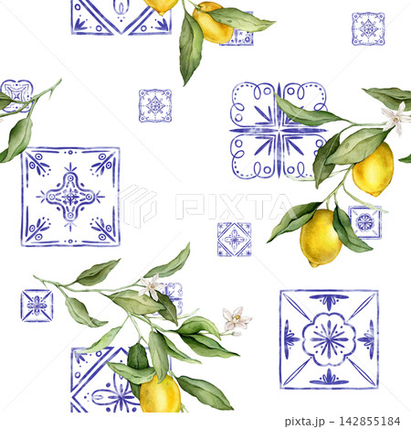 Seamless pattern with tropical lemon. Hand drawn watercolor illustration on white isolated background. Citrus pattern with Mediterranean-style or Portuguese tile for frame or banner Seamless pattern with tropical lemon. Hand drawn watercolor illustration on white isolated background. Citrus pattern with Mediterranean-style or Portuguese tile for frame or banner 142855184