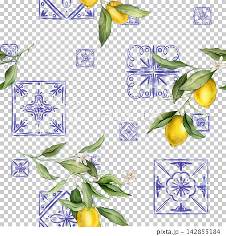 Seamless pattern with tropical lemon. Hand drawn watercolor illustration on white isolated background. Citrus pattern with Mediterranean-style or Portuguese tile for frame or banner Seamless pattern with tropical lemon. Hand drawn watercolor illustration on white isolated background. Citrus pattern with Mediterranean-style or Portuguese tile for frame or banner 142855184
