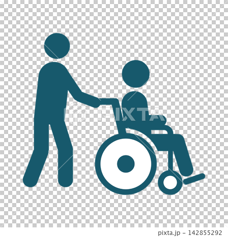 車椅子に座る人物を後ろから押す介助者 車椅子に座る人物を後ろから押す介助者 142855292