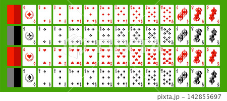 Full deck of playing cards vector illustration, isometric 3D geometric design set on green background. Full deck of playing cards vector illustration, isometric 3D geometric design set on green background. 142855697