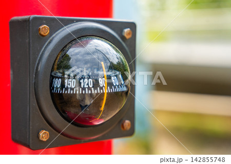 Close up of inclination measurement device in Jasmund National Park on Ruegen island, Germany. Technical monitoring equipment with angle indicator 142855748