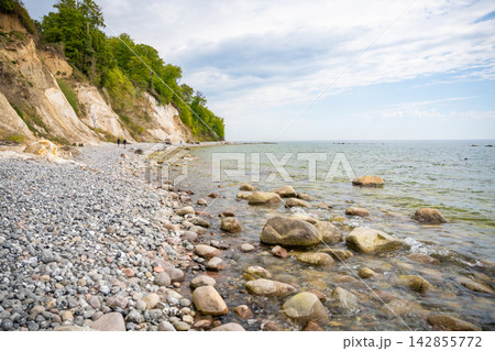 Famous white chalk cliffs and rocky Baltic Sea coastline in Jasmund National Park on Rugen island, Germany. Iconic natural landmark and coastal travel destination concept. 142855772
