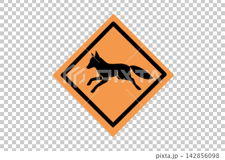 Road sign illustration warning of foxes crossing the road / caution regarding wild animals 142856098