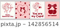 Valentines Day poster. Romantic greeting cards. Fashionable romantic posters with festive cupids, bows, cherries, and hearts. Coquettish wedding banner 142856514