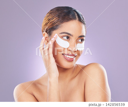 Skincare, eye patch and mask for woman, beauty and product for anti aging on studio background. Selfcare, grooming and smile for cleanse and skin repair, dermatology and collagen for female person 142856539