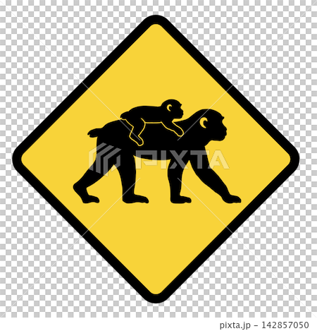 Caution: Mother and baby monkeys. (Yellow diamond-shaped wildlife warning icon) 142857050