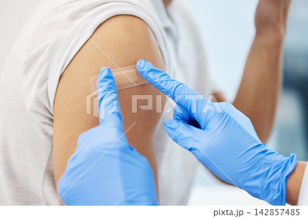 Doctor, hands and plaster on arm for injection, healthcare and immunity booster for patient in clinic. Person, bandage and hospital consultation for vaccine, medicine and band aid for influenza shot Doctor, hands and plaster on arm for injection, healthcare and immunity booster for patient in clinic. Person, bandage and hospital consultation for vaccine, medicine and band aid for influenza shot 142857485