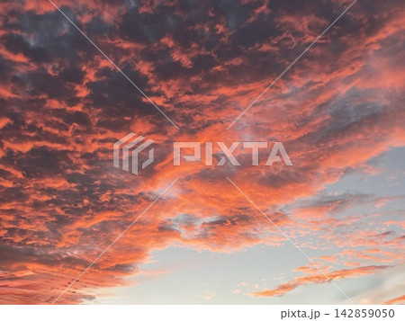 燃えるような黄金色と茜色の夕焼け空(ドラマチック・茜雲・マジックアワー・夕空・コピースペース背景素材 燃えるような黄金色と茜色の夕焼け空(ドラマチック・茜雲・マジックアワー・夕空・コピースペース背景素材 142859050