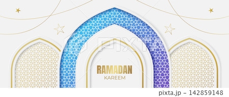 Ramadan Kareem poster with mosque silhouette, arabic golden frames and stars Ramadan Kareem poster with mosque silhouette, arabic golden frames and stars 142859148