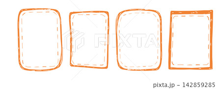 Text box doodle frame set with stitched border. Dashed line decoration. Hand drawn doodle rectangle frames. Simple and elegant outlines featuring wavy, curly, and dashed lines. 142859285