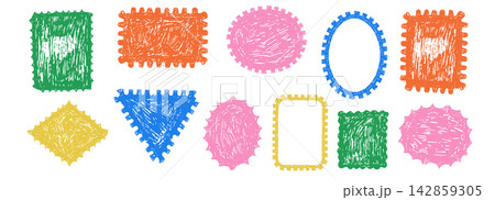 Crayon hand drawn stamp doodle and sketch drawing, Postage stamps shapes form a whimsical texture. Set borders, frames collage background. Playful pastel elements for creative projects. Crayon hand drawn stamp doodle and sketch drawing, Postage stamps shapes form a whimsical texture. Set borders, frames collage background. Playful pastel elements for creative projects. 142859305