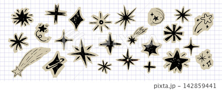 Crayon star scrapbook on paper piece, cutout scribble collage stickers on notebook grid. Doodle starburst set. Paper cut chalk or pencil drawn funky elements on torn edges. Crayon star scrapbook on paper piece, cutout scribble collage stickers on notebook grid. Doodle starburst set. Paper cut chalk or pencil drawn funky elements on torn edges. 142859441