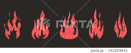 Flame crayon sketch with grunge texture set on dark background, Y2K scrapbook projects, bonfire stickers. Paper cutout fire, crayon, chalk texture hand drawn. Hot punk aesthetics with rough flame 142859641