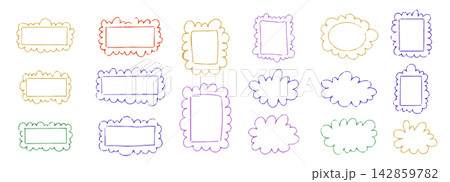 Cloud frame, fluffy border crayon doodle sticker with scallop badges. Set rounded blobs stickers. Scribble clouds pencil bubble. Kids Style, childlike drawing. 142859782