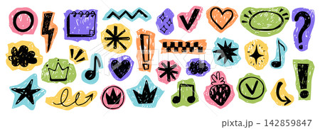 Scrapbook sticker collection with doodles, hearts, stars, music notes scribbles cutout paper set. Y2K aesthetic scribble textured collage elements for scrapbook projects. Scrapbook sticker collection with doodles, hearts, stars, music notes scribbles cutout paper set. Y2K aesthetic scribble textured collage elements for scrapbook projects. 142859847