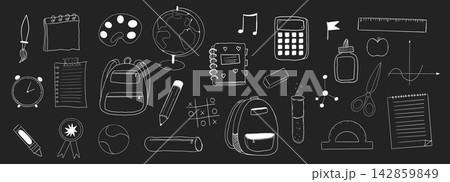 Back to school chalk doodle set on blackboard. School stationery, supplies for educational backgrounds, student projects. Back to school background with notebooks, backpack and globe. Back to school chalk doodle set on blackboard. School stationery, supplies for educational backgrounds, student projects. Back to school background with notebooks, backpack and globe. 142859849