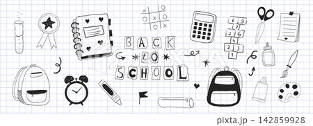 Back to school doodle set. School stationery, supplies for educational backgrounds, student projects. Back to school background with notebooks, backpack and globe.  142859928