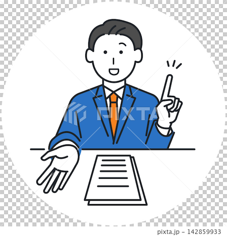 An illustration of a business person smiling and explaining while pointing to a document. An illustration of a business person smiling and explaining while pointing to a document. 142859933