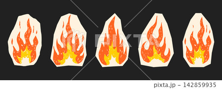 Flame crayon sketch with grunge texture set on dark background, Y2K scrapbook projects, bonfire stickers. Paper cutout fire, crayon, chalk texture hand drawn. Hot punk aesthetics with rough flame 142859935