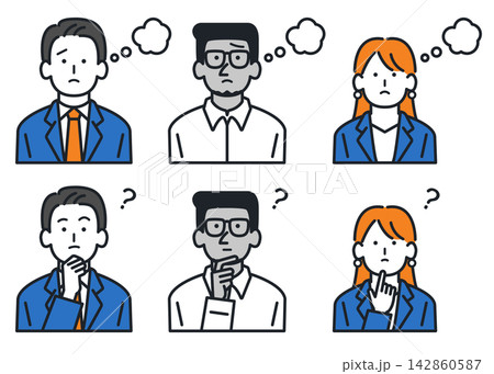 はてなマークや吹き出しで疑問や悩みを表すビジネスパーソン6人のイラストセット はてなマークや吹き出しで疑問や悩みを表すビジネスパーソン6人のイラストセット 142860587