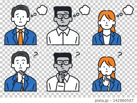 はてなマークや吹き出しで疑問や悩みを表すビジネスパーソン6人のイラストセット はてなマークや吹き出しで疑問や悩みを表すビジネスパーソン6人のイラストセット 142860587