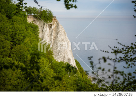 View of famous white chalk cliffs in Jasmund National Park on Rugen island, Germany. Scenic Baltic Sea coastline from forest trail 142860719