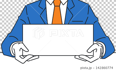白いボードを持って立つビジネスパーソンのイラスト（文字入れスペース付き） 142860774